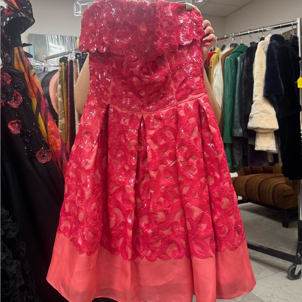 Naeem Khan Red Strapless Pleated Fit and Flare Dress